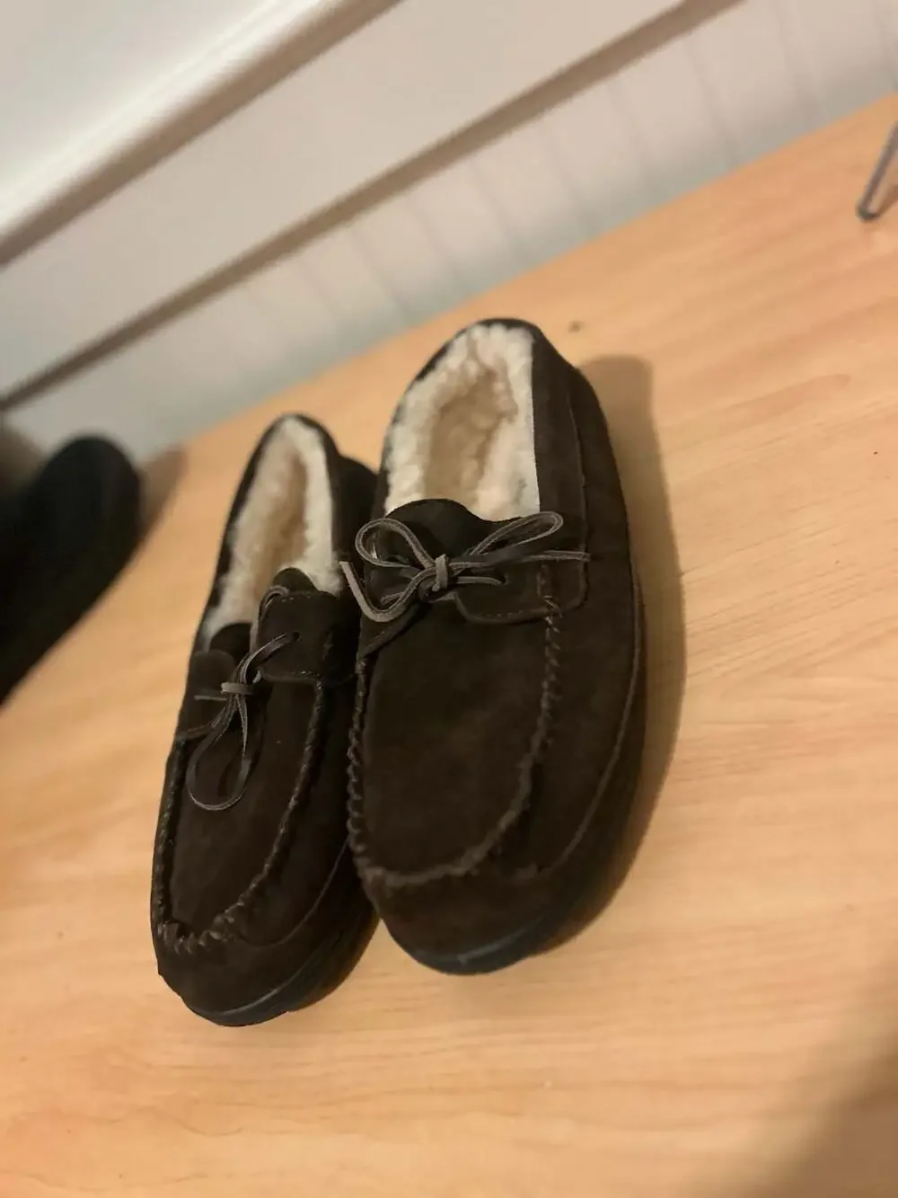 Lands' End Men's Suede Moccasin Slippers with Faux Fur Lining